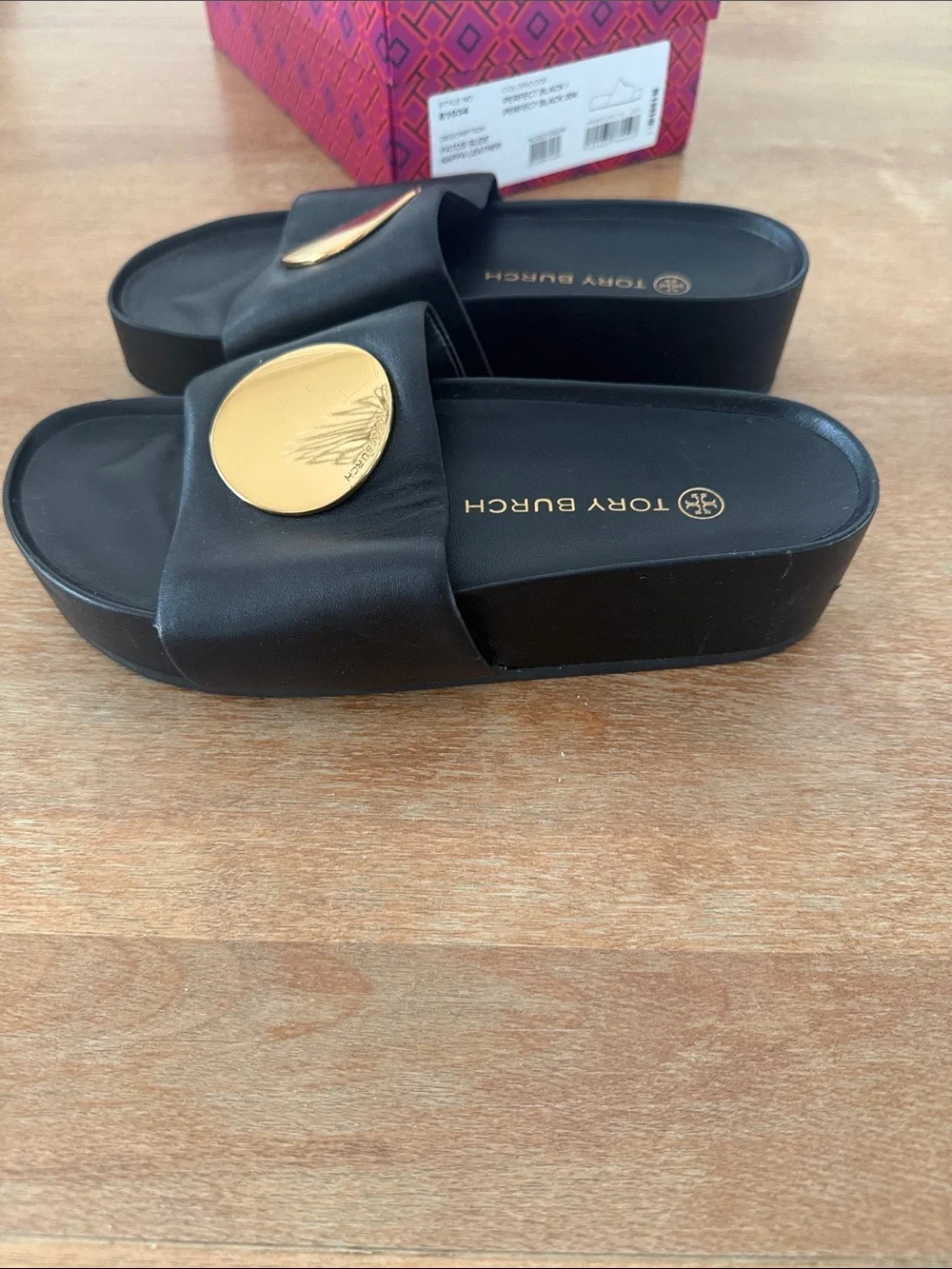 Tory Burch Patos Slide Leather Sandals Black & Gold Sz 7.5